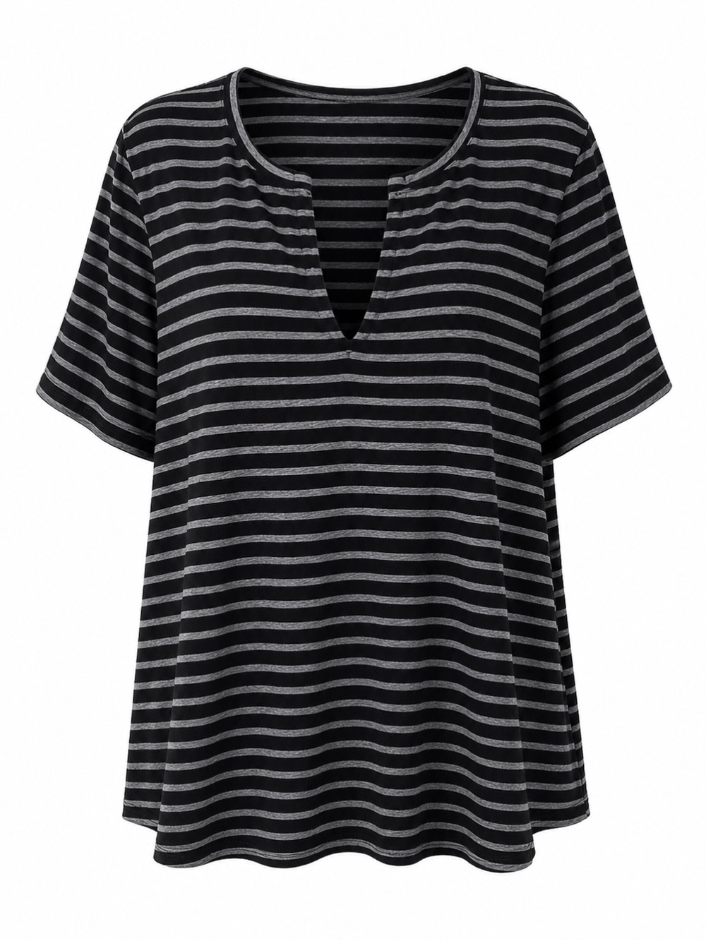 Laila Jayde Black & Gray Striped Split Neck Short Sleeve Tee Womens 2X
